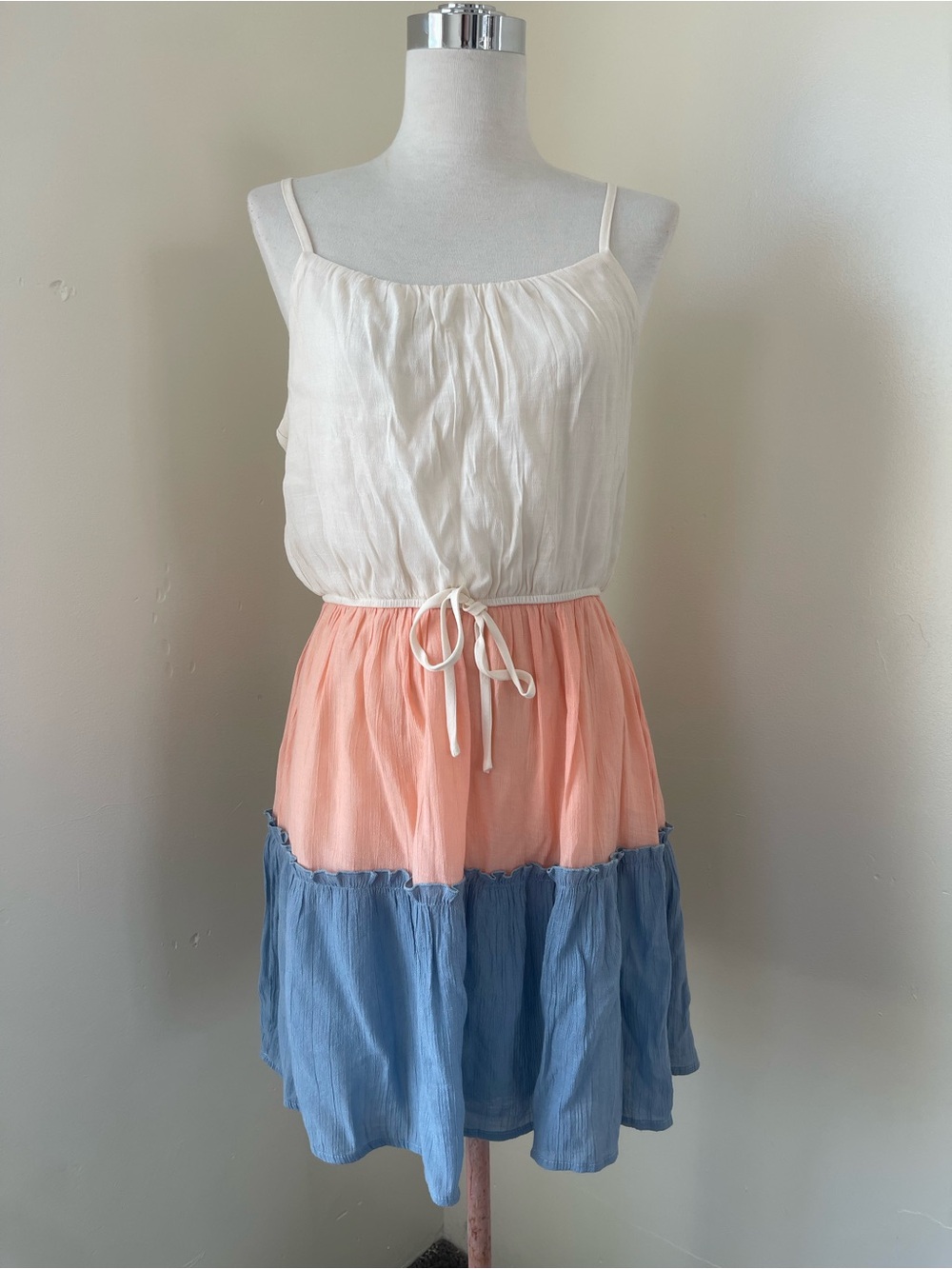 AUW Cream, Peach & Blue Tiered Mini Dress